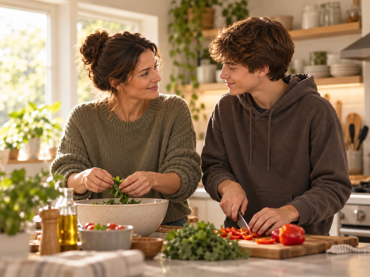 Un padre y un adolescente cocinando juntos en una cocina soleada