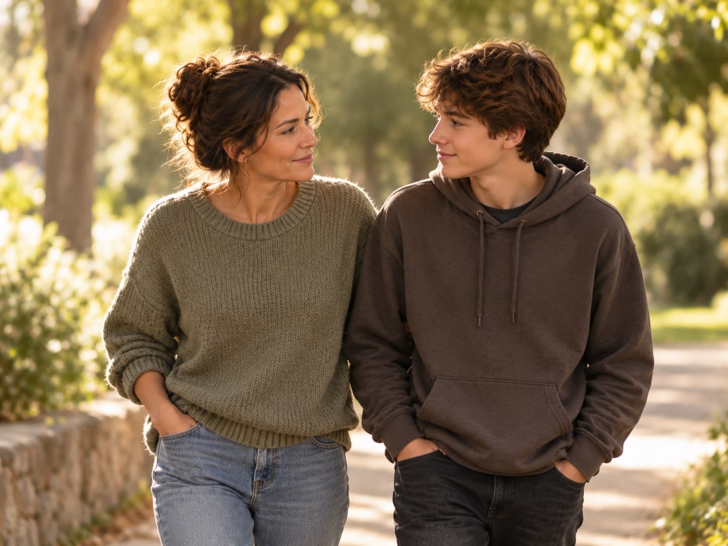 A parent and teenager walking together outdoors
